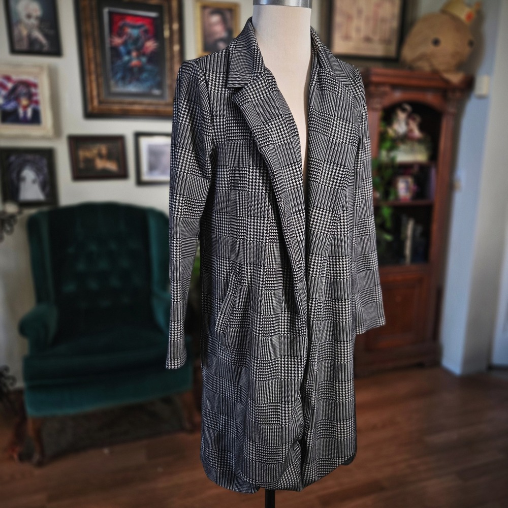 Melloday Plaid Long Blazer Black White Check‎ Lightweight Tailored Office Chic M